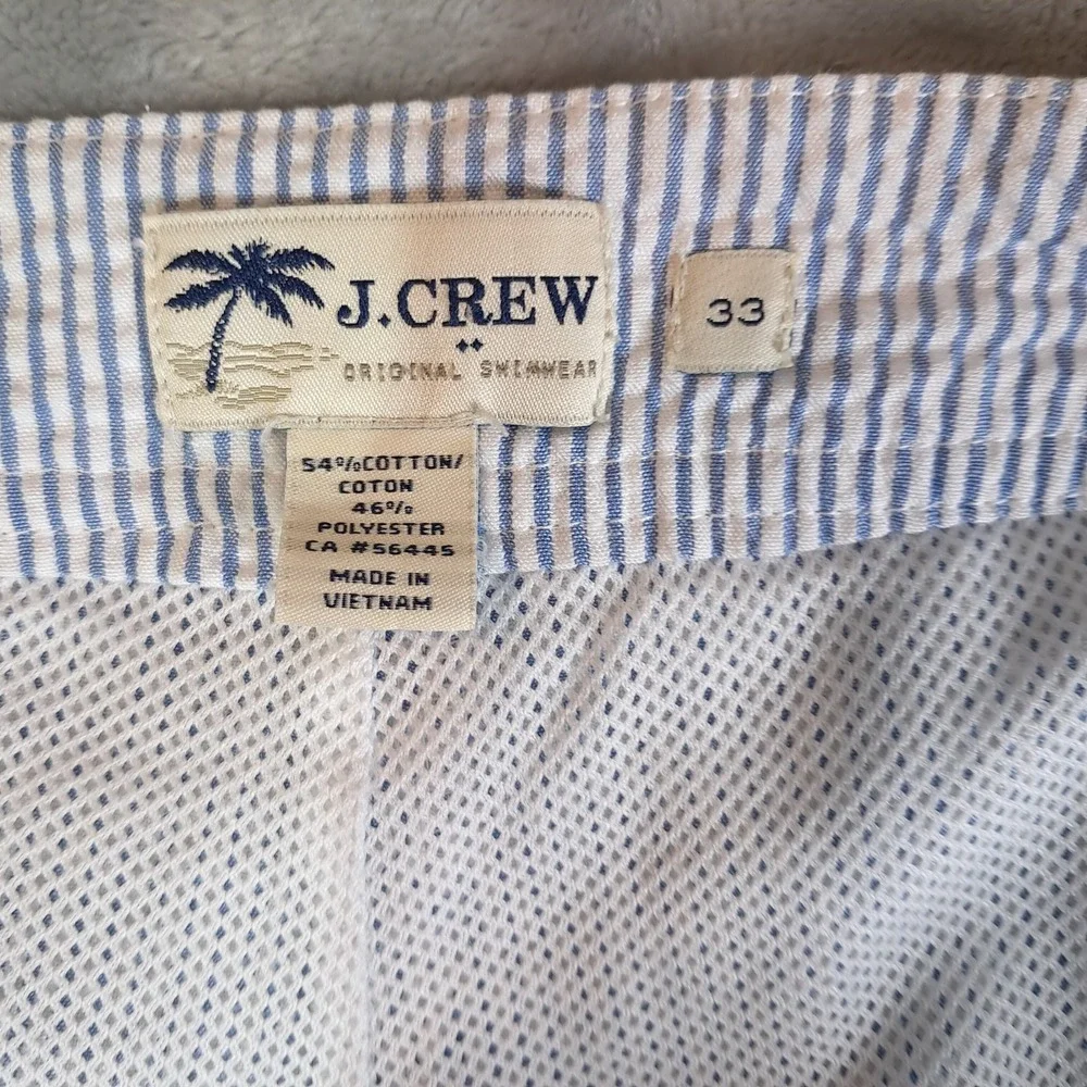 J Crew Men Swim Trunks 33 Seersucker Blue White Stripe Embroidered Lobster G1734